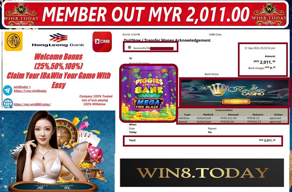 💰🎰 Turn MYR500.00 into MYR2,011.00 playing the popular casino game! Join Rollex11 now for your chance to win big! 🤑💯