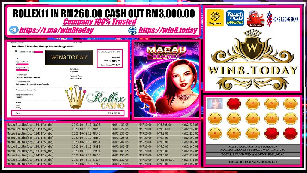 🎉💰 Experience an unbelievable winning spree with Rollex11 Casino Game, turning Myr260.00 into Myr3,000.00! Dive into the world of excitement and fortune now! 💥🤑