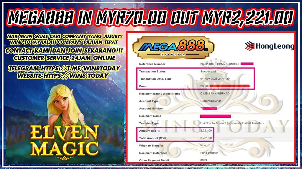  💰 Get ready for mind-blowing Mega888 winnings! 🤑 Witness an incredible MYR70.00 to MYR2,221.00 triumph and join the casino game craze! ✨ Don't miss out, play now! 