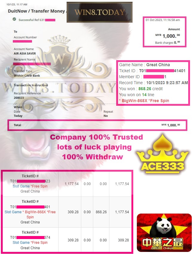 🎁💰 Turn Myr150.00 into Myr1,000.00 in just one game! Try your luck with Ace333 and unlock incredible rewards! Don't miss out on this amazing opportunity! 🍀🎉