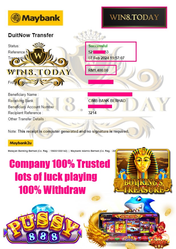  🔥 Get ready for an incredible journey with Pussy888 MYR! 💰 Join now and start winning BIG - with bets ranging from MYR 30.00 to MYR 1,400.00! 🎰 Don't miss out on the excitement and fortune, play now and strike it rich! 💥 