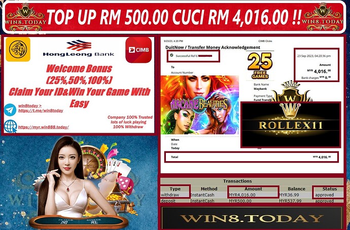 Rollex11: Kuasa Kejayaan! 💰🎰✨Dari MYR500 hingga MYR4,016 - Kisah Kejayaan Kasino! Jom main dan menang besar dengan permainan kasino terhebat, Rollex11!